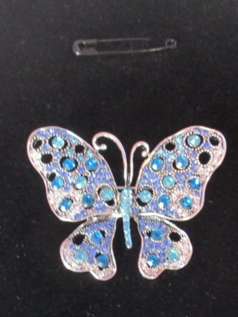 Butterfly Brooch Silver Tone with Intricate Blue Rhinestones and Crystals
